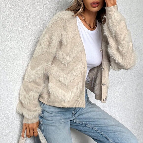 Khaki Women's French Luxury textured button down Slouchy Cardigan - Picture 5 of 6